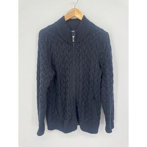 Lands End Drifter Cardigan Women L Petite Blue Cable Knit Full Zip Fisherman